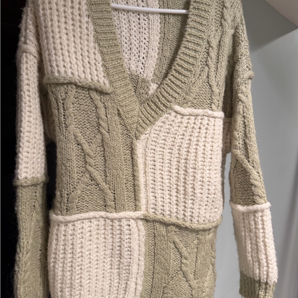 Zara Patchwork V-Neck Cable & Waffle Knit Sweater in Sage and Cream